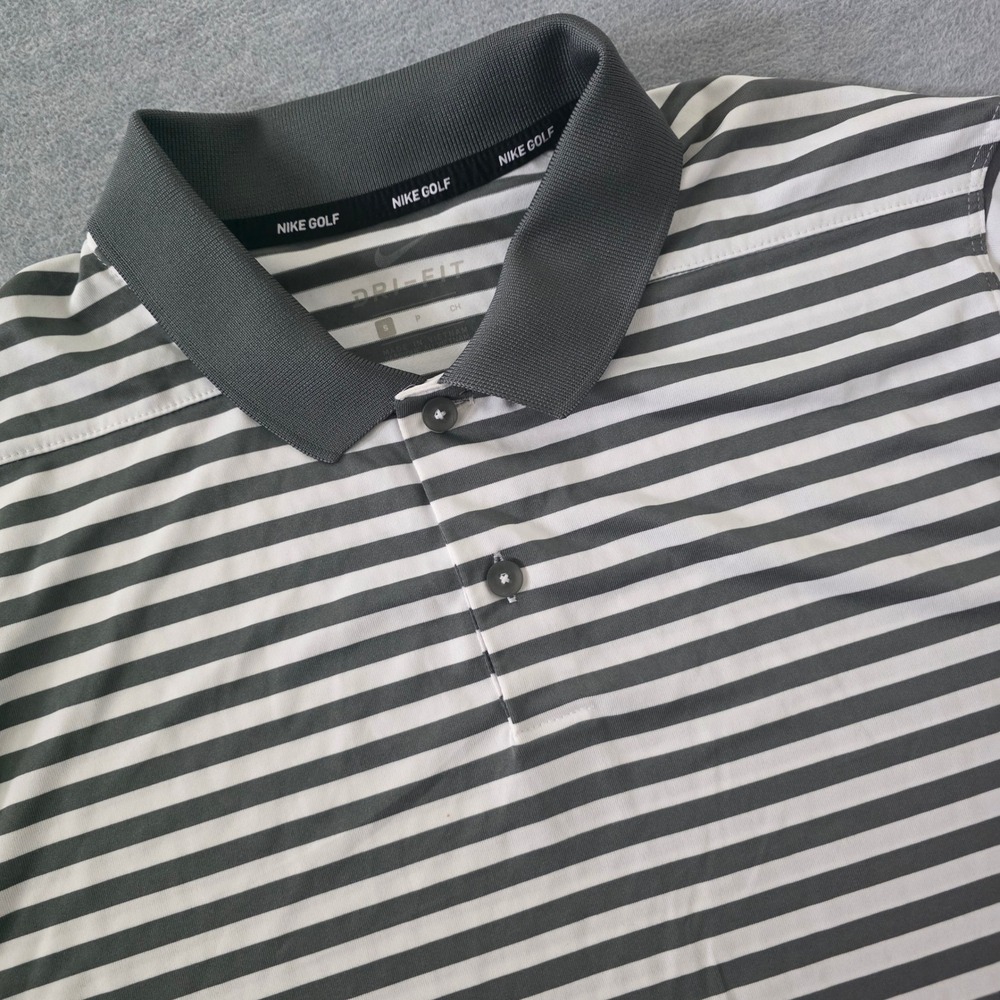 Nike Golf Dri-FIT Mens Small Grey White Striped Short Sleeve Polo Shirt S